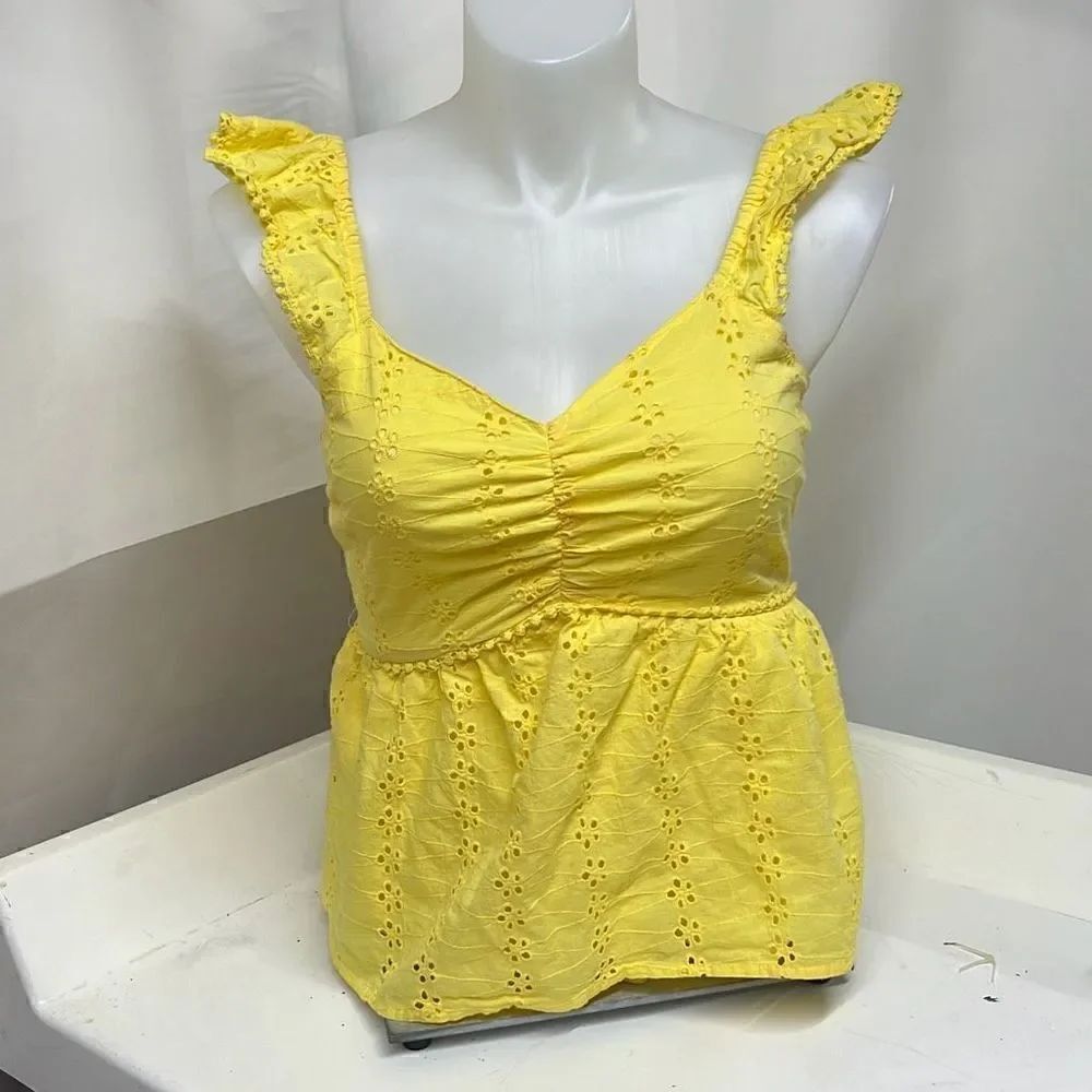 Japna Womens Yellow Flower Perforations Smocked back V-Neck Sleeveless Top Large